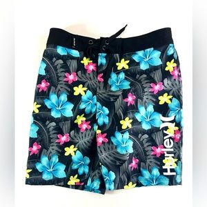 Hurley Board Shorts Black Tropical Floral Blue Pink Yellow Boys 8 24